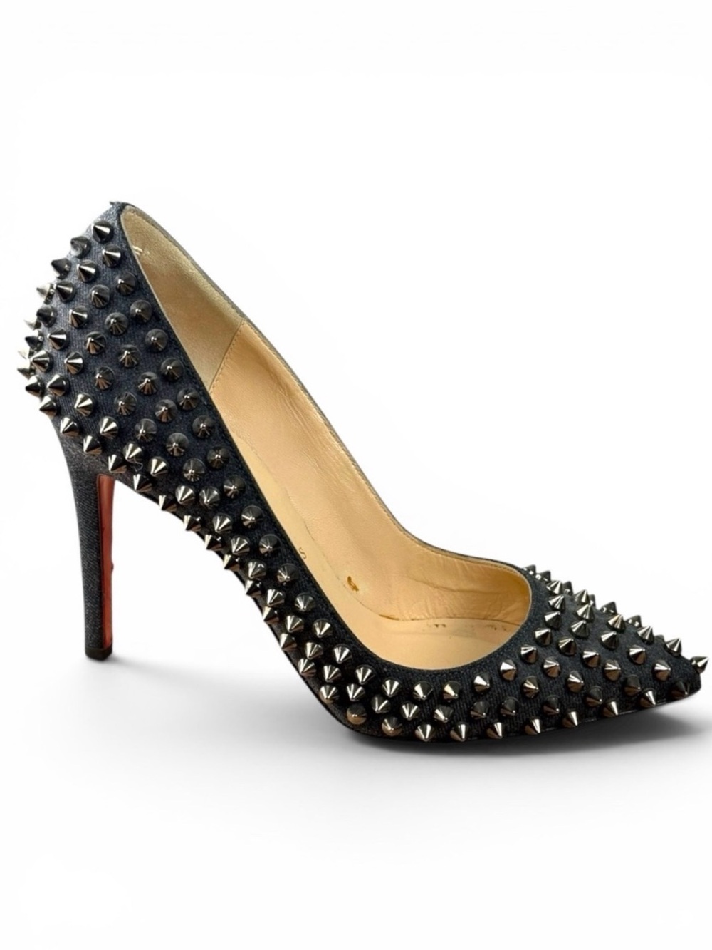 Christian Louboutin  Denim Pigalle Follies
Spikes Pointed Toe Pumps Size 35.5